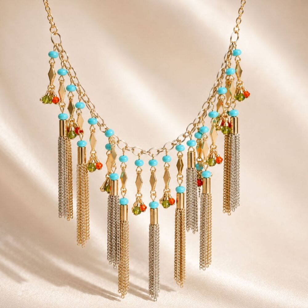 LOFT Boho Statement Fringe Tassel Necklace Blue Beads Crystal Charms Gold Tone